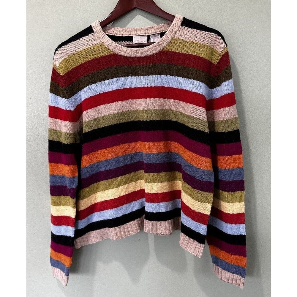 Vtg 90s Rainbow Sweater Women’s Sz XL Wool Blend Stripe Friends Y2K Knit Crew - Picture 2 of 8
